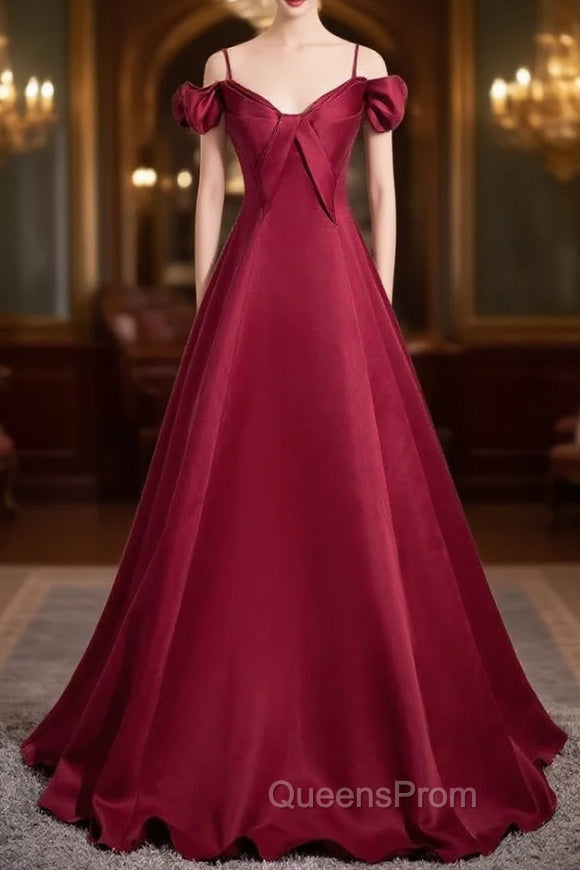Burugndy Satin Spaghetti Straps Evening Prom Dress