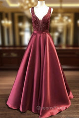 Burugndy Satin V-neck Beading Evening Prom Dress