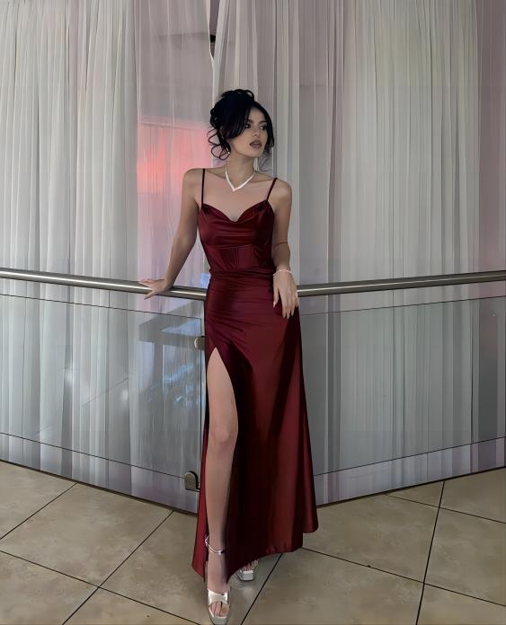 Burugndy Spaghetti Straps Long Classy Prom Dress With Side Slit Main image