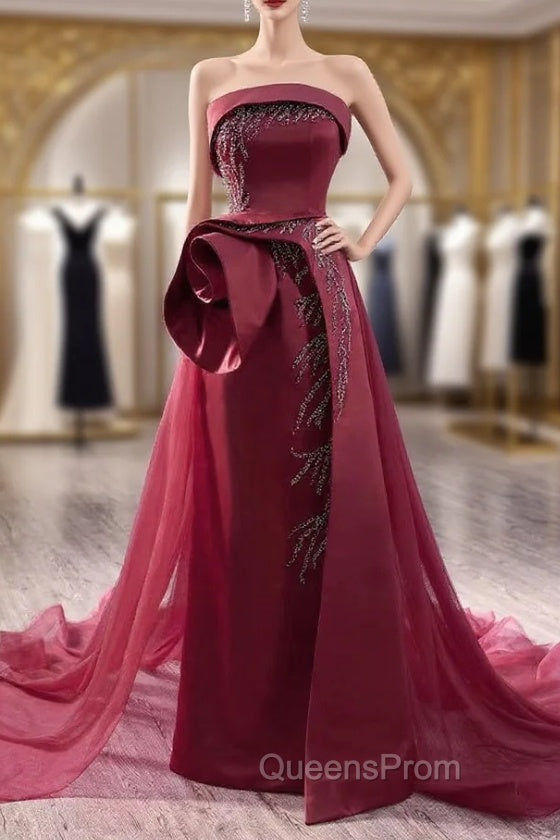 Burugndy Tulle Strapless Sequins Beading Evening Prom Dress