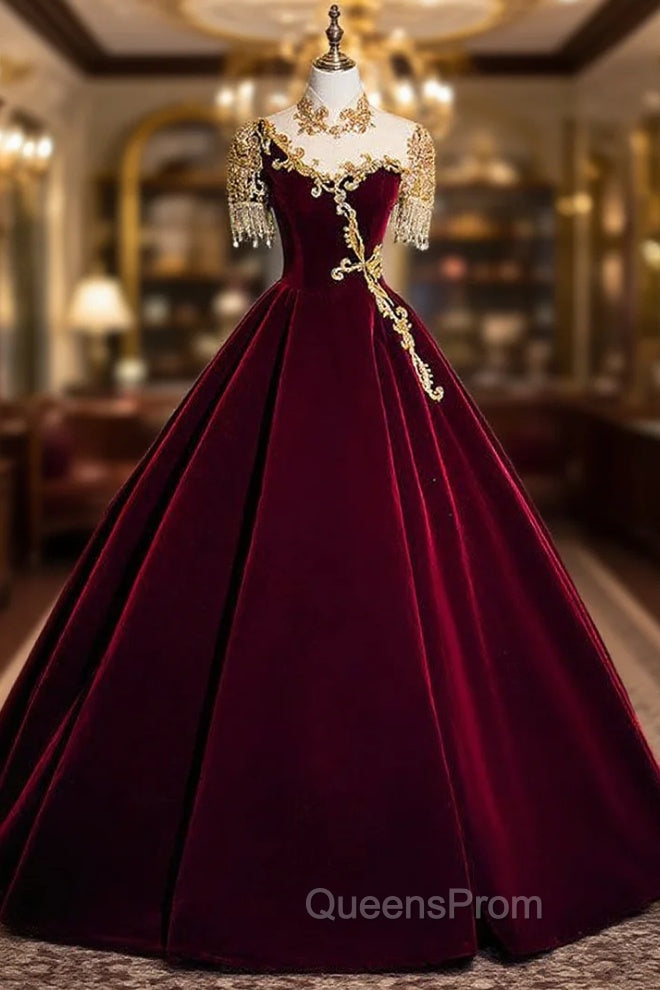 Burugndy Velvet High Neck Short Sleeve Beading Evening Prom Dress Main image