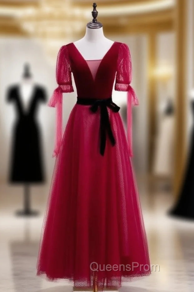 Burugndy Velvet Tulle Short Sleeve Evening Prom Dress Main image