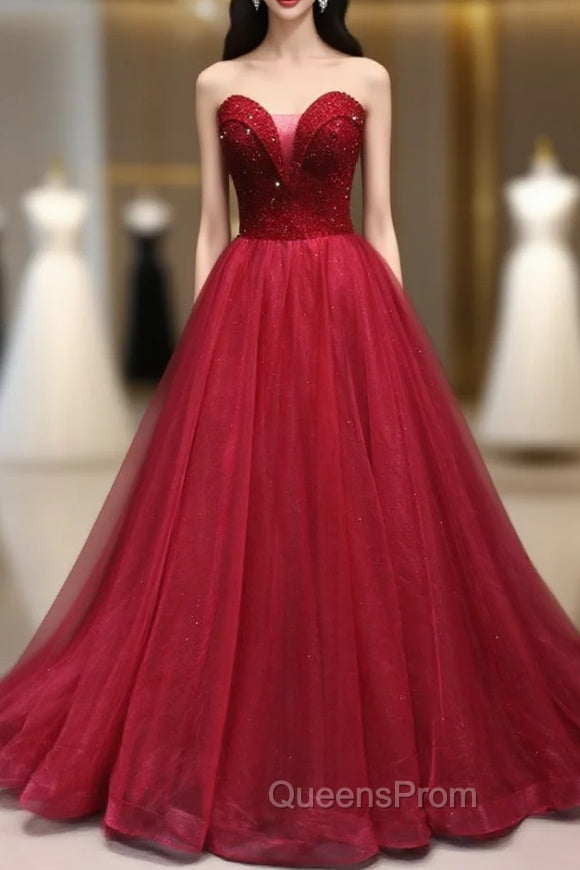 Burundy Tulle Strapless Beading Evening Prom Dress