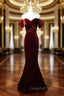 Burungdy Mermaid Sequins Velvet Evening Prom Dress