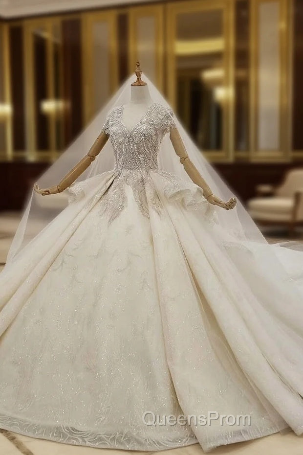 Buy Cap Sleeves Luxury Crystal Bling Bling V Neck Tulle Huate Couture Wedding Dress Main image