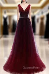 Buy Cheap Pleats Beading Burgundy V Neck Long A Line Tulle Evening Prom Dress Under 120