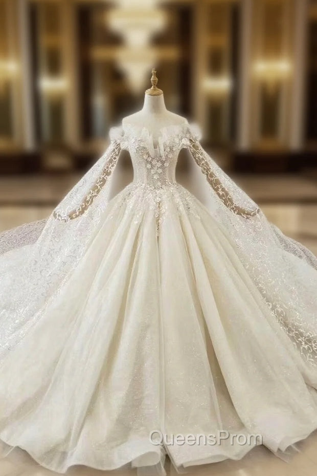 Buy High Quality Bling Bling Off The Shoulder Long Sleeves Sequin Tulle Huate Couture Wedding Dress For Main image