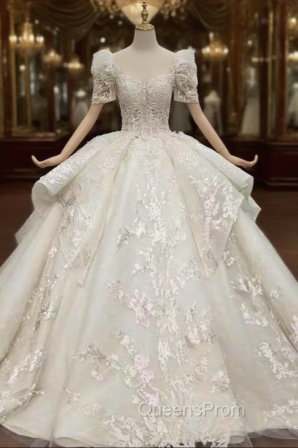 Buy More, Save More Ivory White Ball Gown Tulle Lace Short Sleeve Appliques Beading Wedding Dress