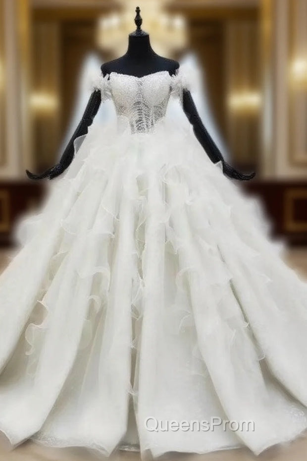 Buy More, Save More White Ball Gown Tulle Sequins Off the Shoulder Beading Wedding Dress Main image