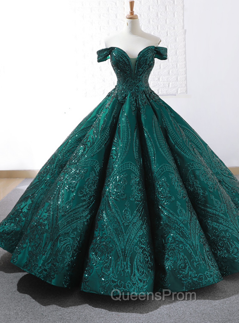 Buy The Newest Dark Green Sequins Ball Gown Off The Shoulder Evening Prom Dress Main image
