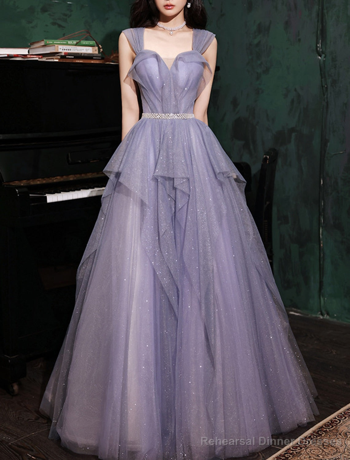 A-Line Prom Dresses Sparkle & Shine Dresses Wedding Guest Birthday Floor Length Sleeveless Off Shoulder Tulle with Sequin Dresses Main image