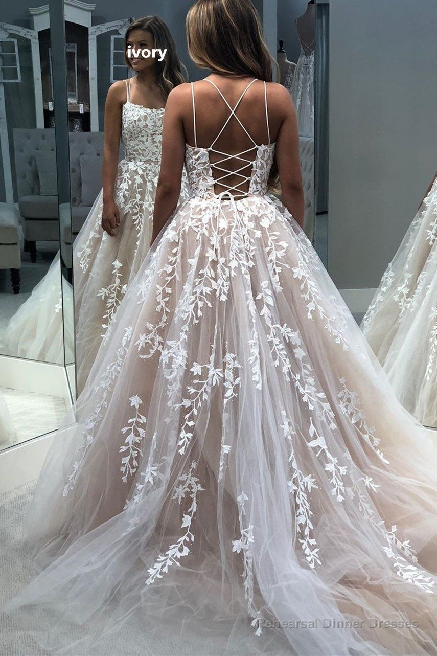 A Line Tulle Yellow Spaghetti Straps Prom Dresses With Appliques Party Dresses Secondary image