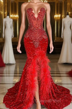 Mermaid Evening Prom Dress with Sequins Sleeveless Split Beadings and Feather Embellishments
