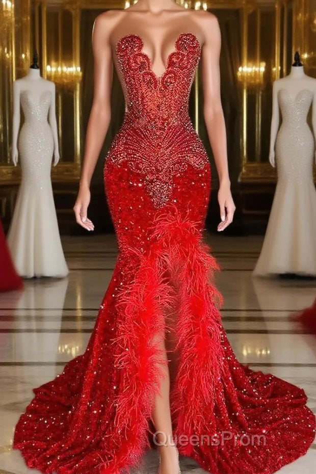 Mermaid Evening Prom Dress with Sequins Sleeveless Split Beadings and Feather Embellishments