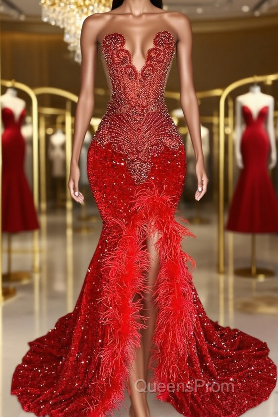 Red Sleeveless Sequins Mermaid Evening Prom Dress with Front Slit Beadings and Feathers Main image