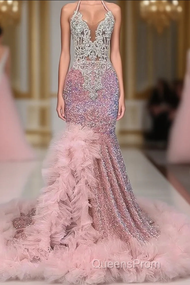 Pink Halter Mermaid Evening Prom Dress with Sequins Beadings and Tulle Ruffle Main image