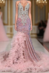Pink Halter Mermaid Evening Prom Dress with Sequins Beadings and Tulle Ruffle