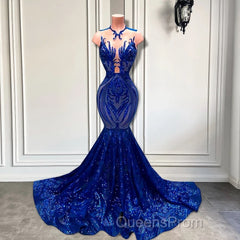 Sequins Royal Blue Sleeveless Mermaid Evening Prom Dress