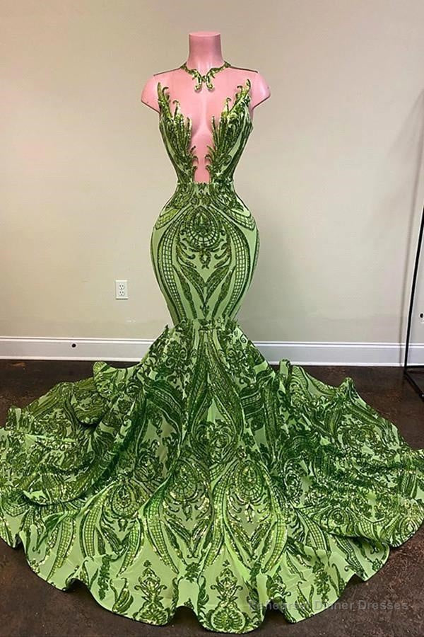 Exquisite Green V-neck Sequins Sleeveless Floor-length Mermaid Prom Dresses Main image