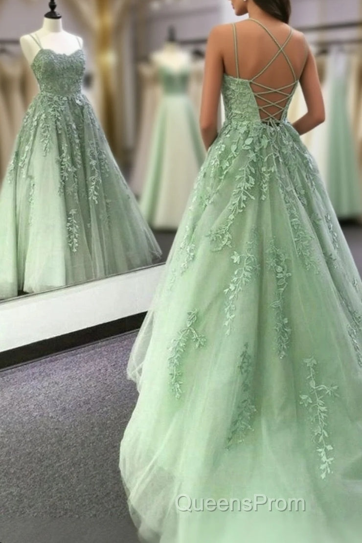 Sage Green Straps Tulle With Lace Train Long Evening Prom Dress, Sage Green Party Dress Main image
