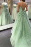 Sage Green Straps Tulle With Lace Train Long Evening Prom Dress, Sage Green Party Dress