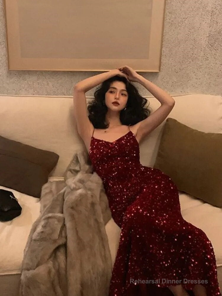 Red Women Sexy Sequin Strap Dresses Spring Summer Elegant Vintage Party Club Dress Fashion One Piece Clothes Main image