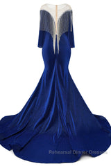 Deep V-neck Shiny Royal Blue Long sleeves Mermaid Semi Formal Prom Dresses
