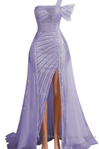 One-Shoulder Beading Sweep Train Backless Evening Dresses