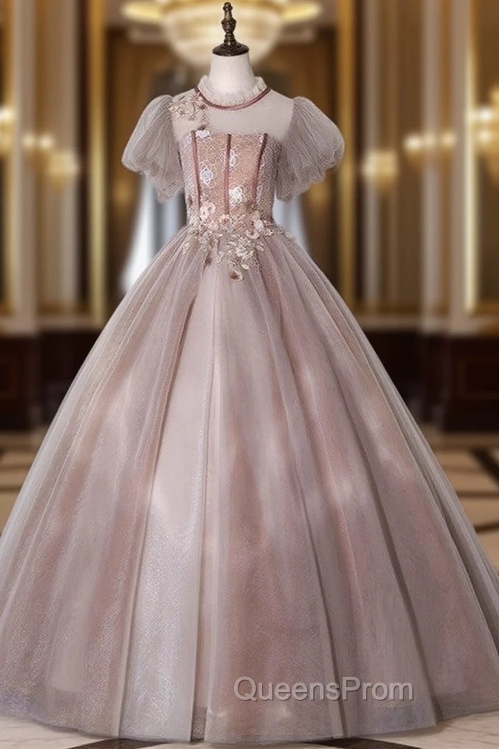 Camel Tulle Appliques Puff Sleeve Backless Quinceanera Dress