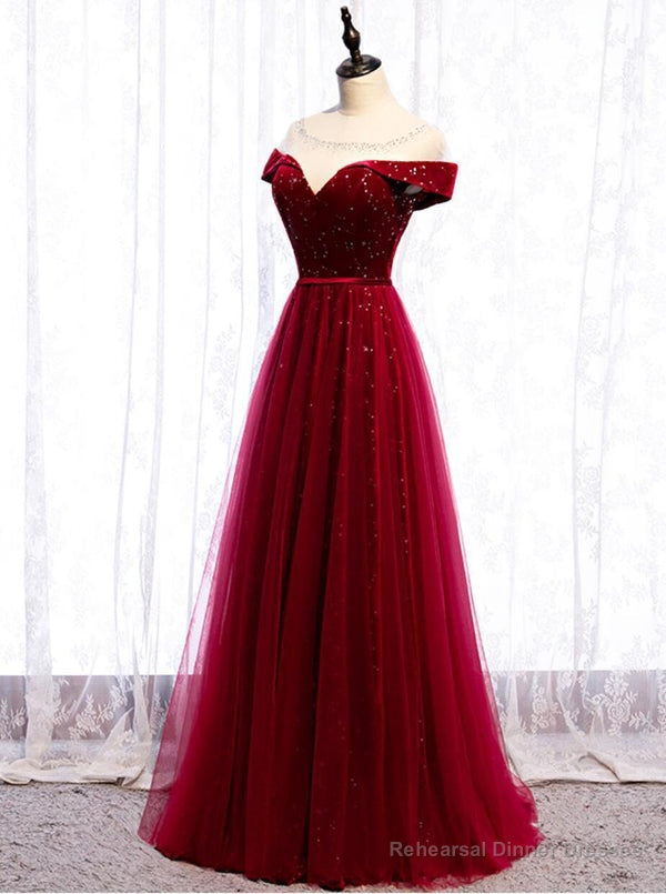 Cap Sleeve Red Sparkly Tulle Long Cheap Evening Prom Dresses Main image