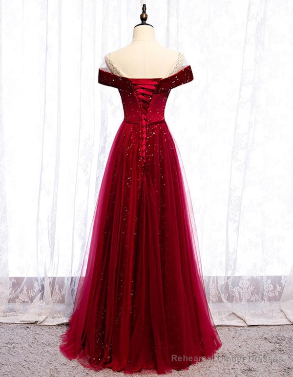 Cap Sleeve Red Sparkly Tulle Long Cheap Evening Prom Dresses Secondary image