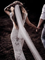 Cap Sleeve Sheath Boho Wedding Dress Vintage Lace Rustic Wedding Dress