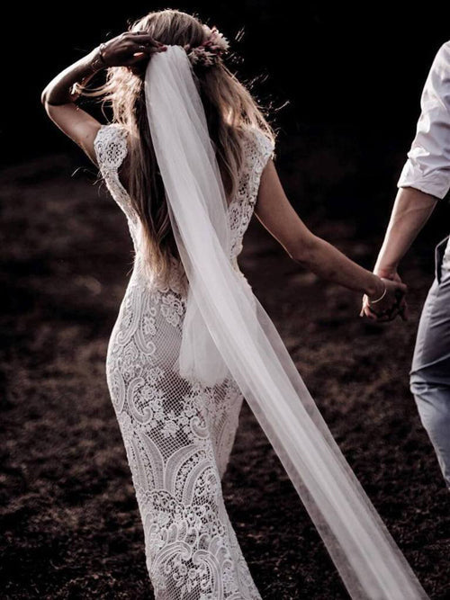 Cap Sleeve Sheath Boho Wedding Dress Vintage Lace Rustic Wedding Dress