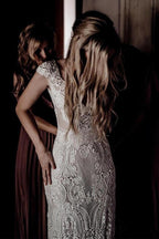 Cap Sleeve Sheath Boho Wedding Dress Vintage Lace Rustic Wedding Dress