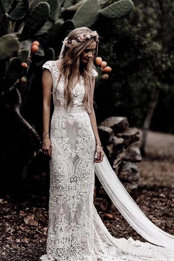 Cap Sleeve Sheath Boho Wedding Dress Vintage Lace Rustic Wedding Dress Main image