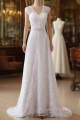 Cap Sleeve V-neck A-line Lace Beaded Sashes Wedding Dress