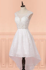 Cap Sleeves High Low White Lace Sheer Short Wedding Dress