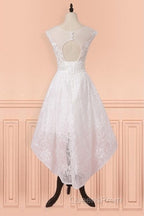 Cap Sleeves High Low White Lace Sheer Short Wedding Dress