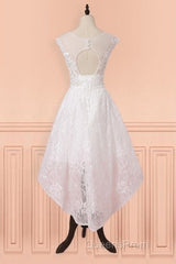 Cap Sleeves High Low White Lace Sheer Short Wedding Dress