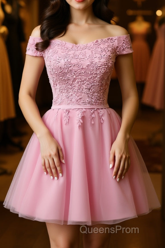 Cap Sleeves Short Pink Lace Evening Prom Dress, Short Pink Lace Formal Bridesmaid Dress Main image