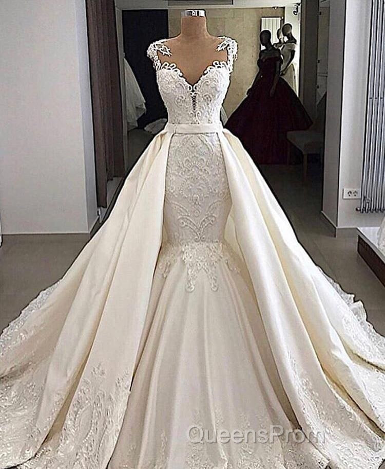 Cap sleeves White Mermaid 2 in 1 Wedding Dress with Overskirt