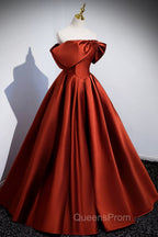 Caramel Floor Length Satin Evening Dress, Cute Off Shoulder A-line Evening Dress