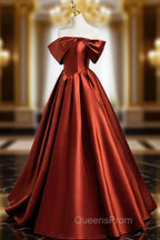 Caramel Floor Length Satin Evening Dress, Cute Off Shoulder A-line Evening Dress