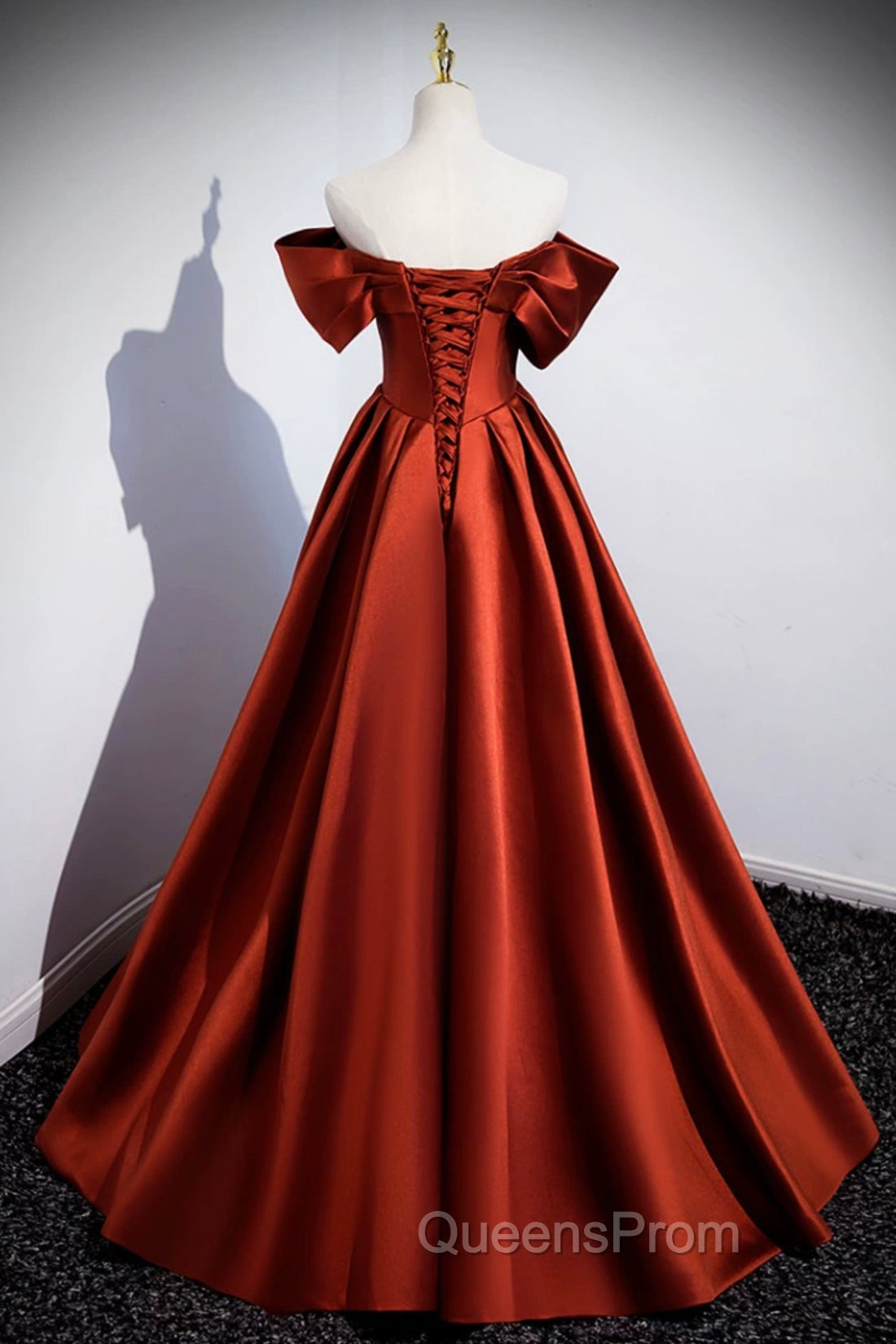 Caramel Floor Length Satin Evening Dress, Cute Off Shoulder A-line Evening Dress