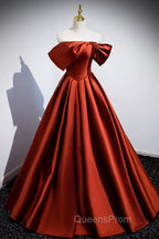 Caramel Floor Length Satin Evening Dress, Cute Off Shoulder A-line Evening Dress