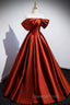 Caramel Floor Length Satin Evening Dress, Cute Off Shoulder A-line Evening Dress