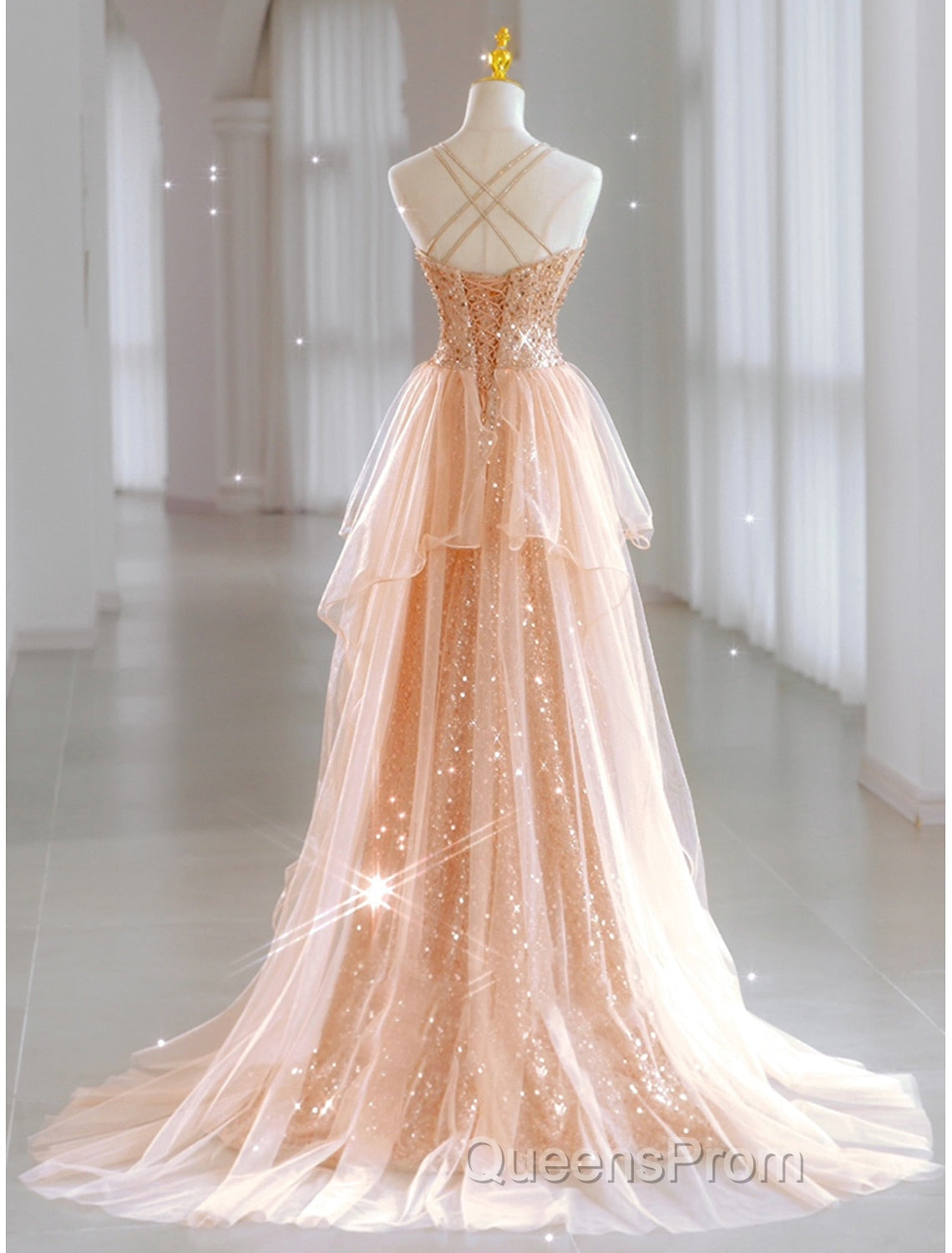 A-Line Evening Prom Dress Sparkle & Shine Dress Wedding Guest Sweet 16 Floor Length Sleeveless Sweetheart Tulle with Sequin Masquerade Dress