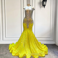 Yellow V-Neck Sleeveless Mermaid Evening Prom Dress Featuring Beadings and Sequins