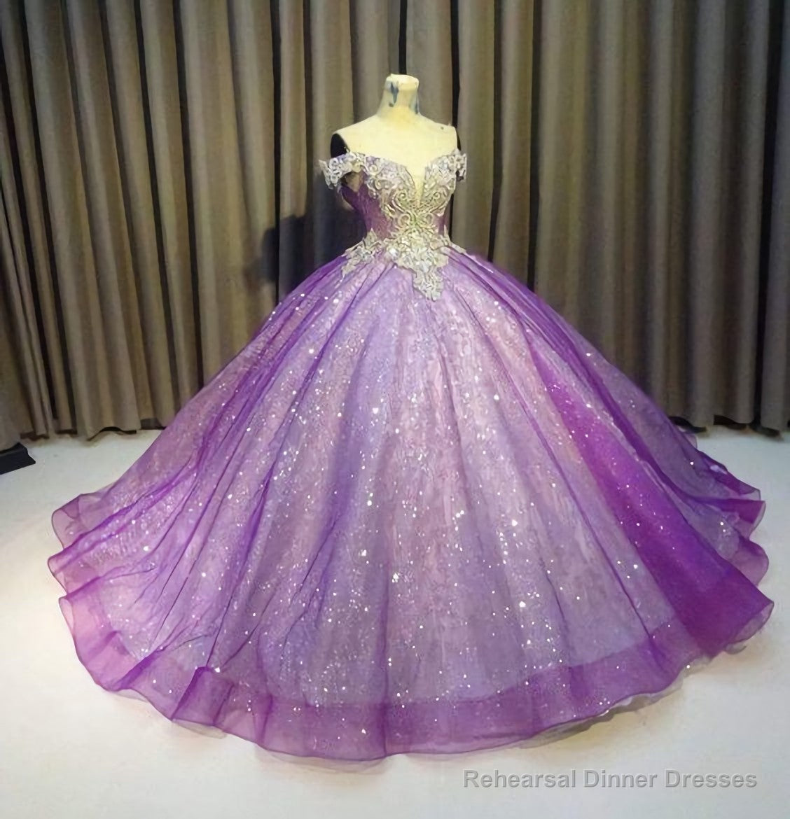 Purple Off The Shoulder Ball Gown Bling Bling Prom Dress Main image