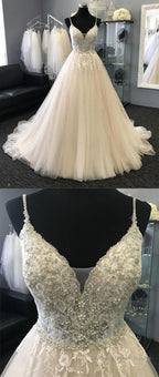 Light Champagne Tulle Lace Long Prom Dress, Champagne Evening Dress